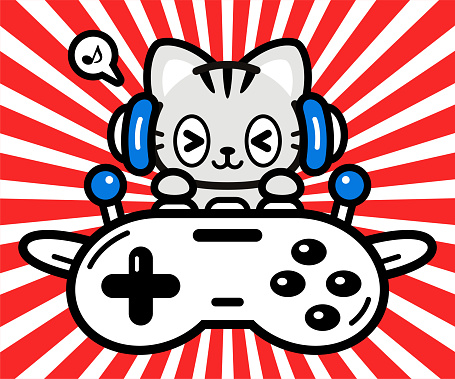 Animal characters vector art illustration.
Cute character design of a little cat wearing headphones and flying a plane made out of a game controller.