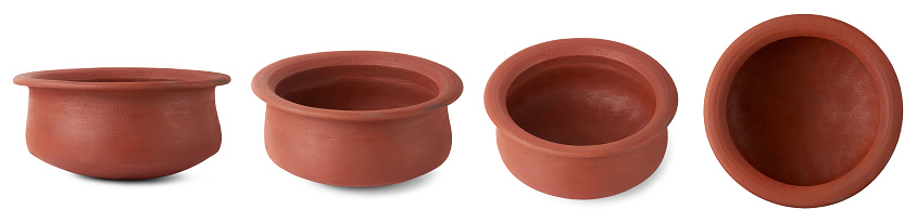 set of empty clay pots isolated on white background, earthenware containers used to store, cook food and decorative purposes in different angles
