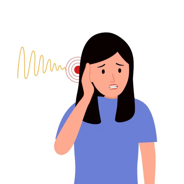 Vector illustration of Woman with tinnitus disease in flat design on white background. Ear pain.