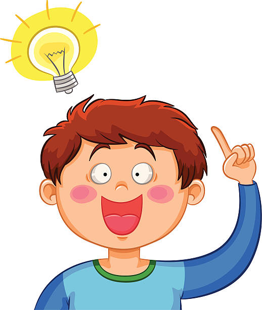 Illustration of young boy pointing to light bulb idea vector art illustration