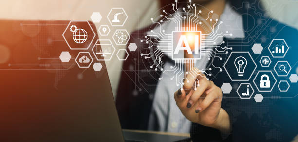 istock Ai machine learning. Digital transformation business technology, IoT, internet of things. Businesswoman with laptop pressing on virtual screen AI icon. 1481289200