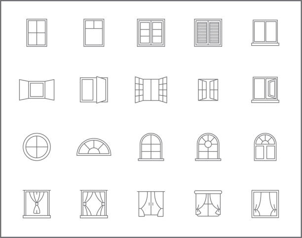 ilustraciones, imágenes clip art, dibujos animados e iconos de stock de conjunto simple de iconos de línea vectorial relacionados con la ventana. - ventana