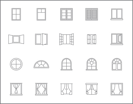 Vector collection of open, close, curtain, French door, glass and design elements symbols or logo element.