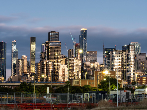 Close up of Melbourne city skyline during twilight