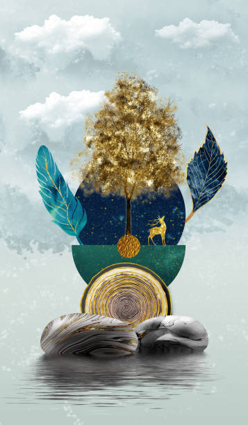istock 3d Chinese landscape. gray background golden tree and mountains tree leaves, feather black stones, and white cloud 1481295362