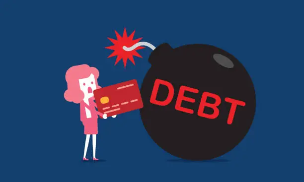 Vector illustration of Businesswoman and debt bomb