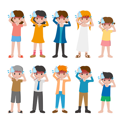 10 types of men and women and children, having fever or cold or flu, using ice cubes to cool down, cartoon characters vector set