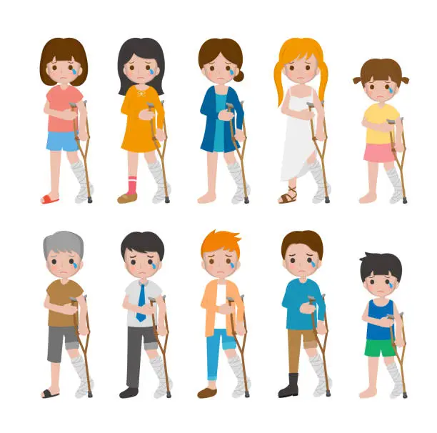 Vector illustration of 10 types of men and women and children with leg fracture, trauma impact, using bandages and medical equipment aids, cartoon characters vector set