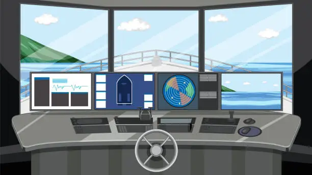 Vector illustration of Ship cockpit interior with control panels