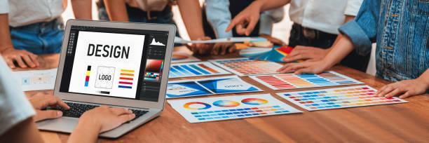 istock Graphic designer brainstorming logo and graphic arts at workshop. Scrutinize 1481303995