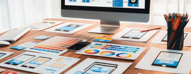 istock Digital wireframe design for web or mobile app UI on laptop. Scrutinize 1481304839