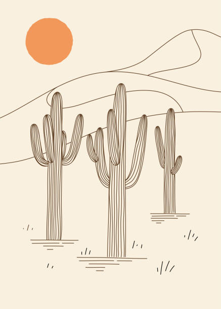 Desert landscape with cactus and dunes. Design for print, card or wall decor. Vector illustration