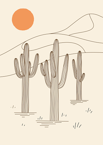 Desert landscape with cactus and dunes. Design for print, card or wall decor. Vector illustration