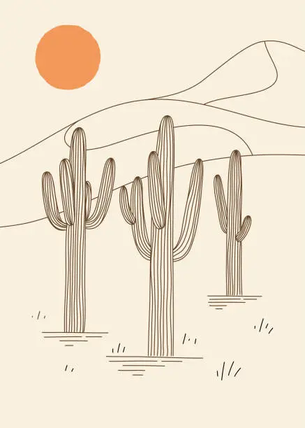 Vector illustration of Desert landscape with cactus and dunes. Design for print, card or wall decor.