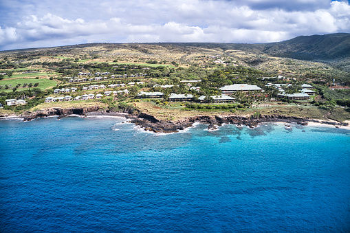 An aerial view of the Manele bay area with the Fourseasons hotel and the surrounding
