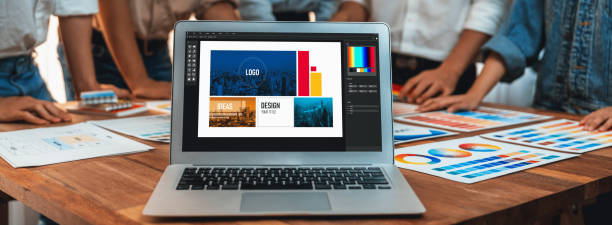 istock Panorama focus view of laptop display digital art workspace. Scrutinize 1481305954