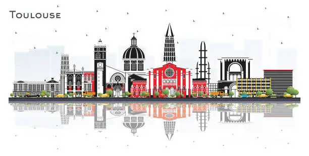 Vector illustration of Toulouse France City Skyline with Color Buildings and Reflections Isolated on White. Vector Illustration. Toulouse Cityscape with Landmarks.