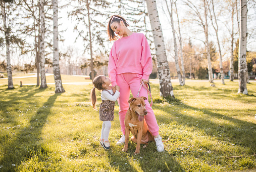 Portrait of a mother and daughter standing in a park, holding a dog on a leash and looking directly into the camera