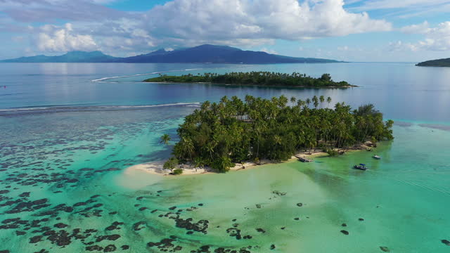 Bora Bora Drone aerial video of small Island paradise. Travel vacation icon of beach private island motu with palm trees. Turquoise crystal lagoon ocean water on Bora Bora, French Polynesia
