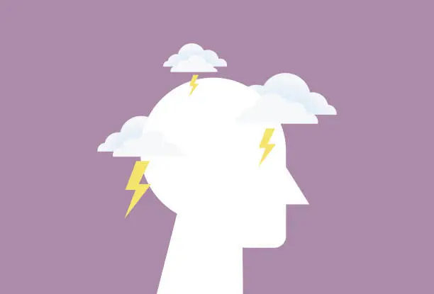 Vector illustration of Head with cloud and thunder for mental health, depression concept