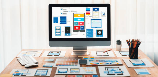 istock Digital wireframe design for web or mobile app UI on laptop. Scrutinize 1481309363