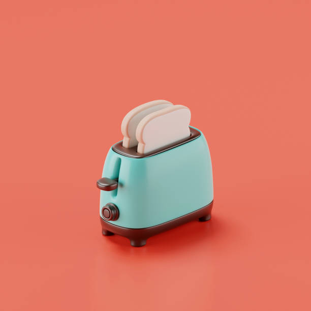 istock 3d render of a toaster and bread isolated on red. 1481311159