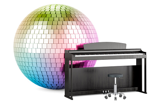 Disco concert concept. Digital piano with mirror disco ball, 3D rendering