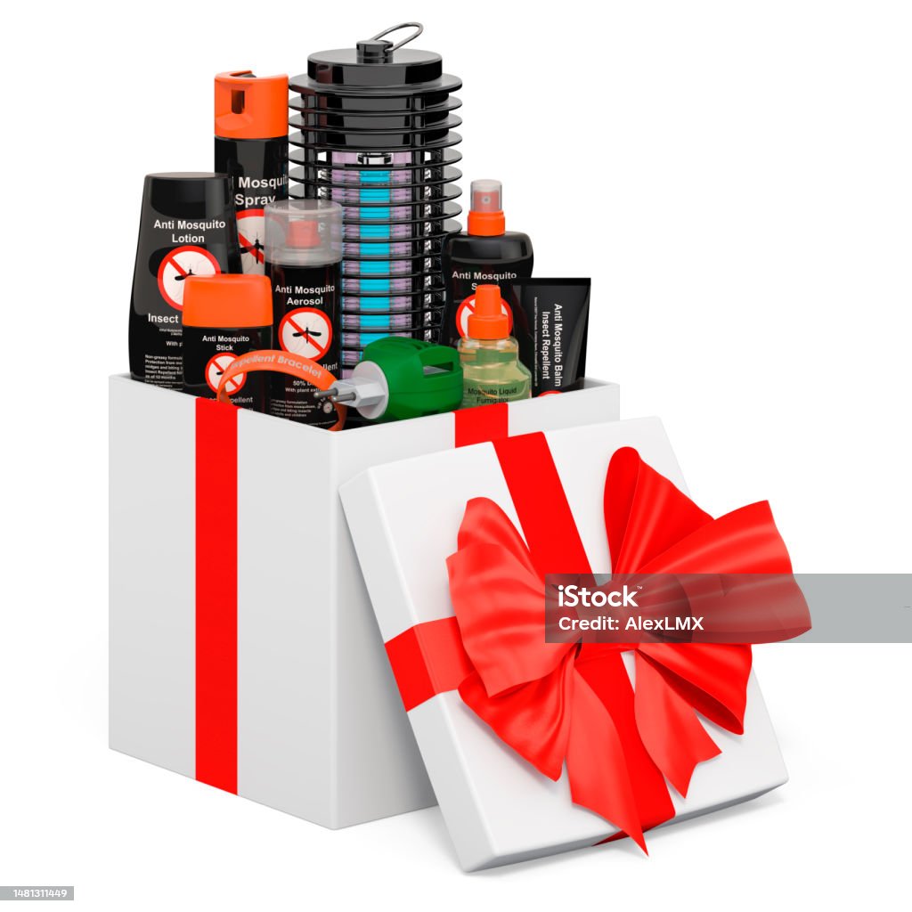Insect repellent products and lamp mosquito electric insect killer inside gift box, 3D rendering Insect repellent products and lamp mosquito electric insect killer inside gift box, 3D rendering isolated on white background Aerosol Stock Photo