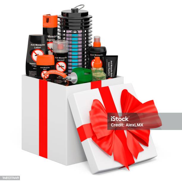 Insect Repellent Products And Lamp Mosquito Electric Insect Killer Inside Gift Box 3d Rendering Stock Photo - Download Image Now