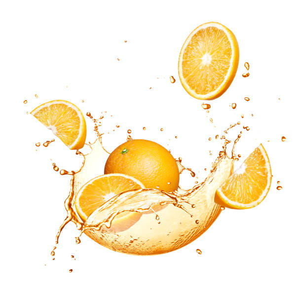 istock Orange fruits splashing with juice over white background 1481311578