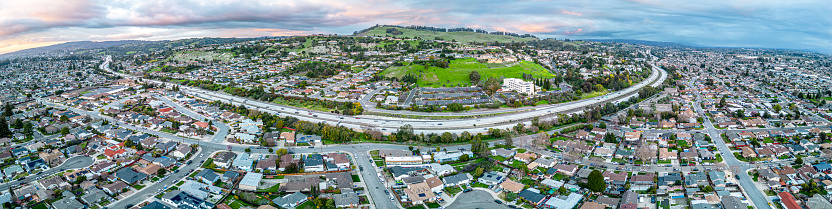 San leandro Bay Area. San Francisco California. Aerial sunset Panorama\nAmerica USA\nDrone