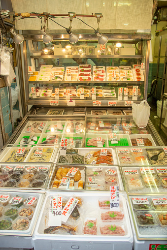Fish displayed in a showcase at a fish store in Tokyo, Japan, 2022