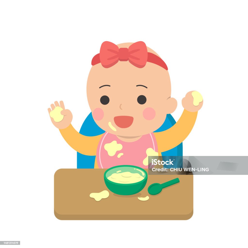 Cute Baby Eating Grabbing Food With Fingers Messy Dining Table Everyday