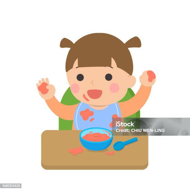 Cute Baby Eating Grabbing Food With Fingers Messy Dining Table Everyday