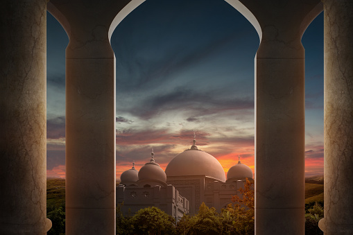 Mosque with the sunset scene background