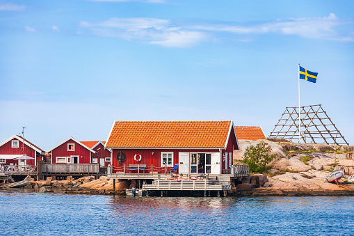 Hunnebostrand, Sweden-July, 2018: Cottages by the sea in the Swedish archipelago