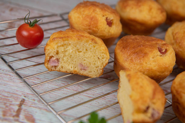 istock Savory muffin with ham and cheese on blue background 1481317477
