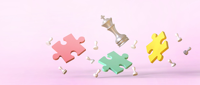 Chess and jigsaw puzzles concept of leadership success with different business goals on purple background. copy space, banner, website, poste - 3d rendering