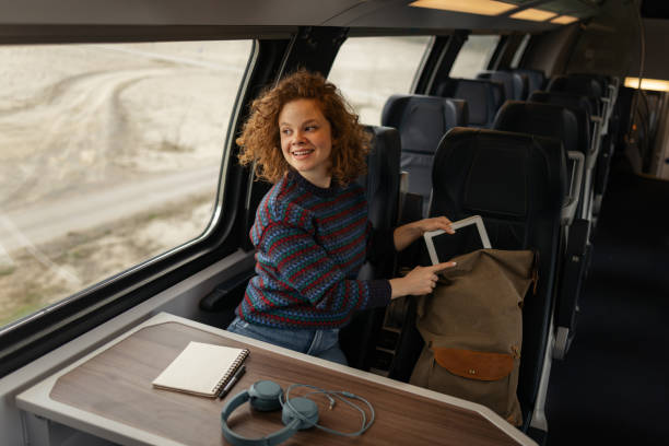 istock Happy female backpacker enjoying in her trip by train. 1481319128