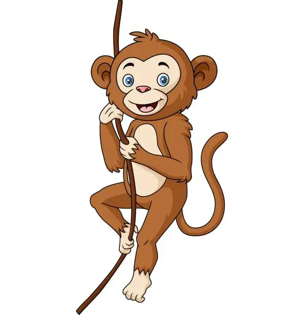 Vector illustration of Cute monkey cartoon hanging in tree branch