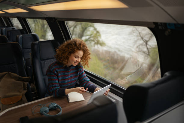 istock Happy redhead woman using digital tablet in a train. 1481320709