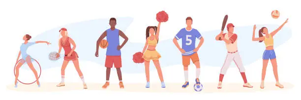 Vector illustration of Set of colored cartoon characters of young people engaged in different kinds of sports
