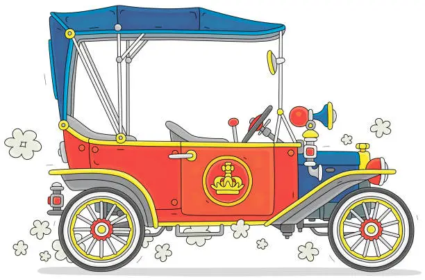 Vector illustration of Retro red and blue cabriolet car of a king