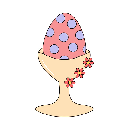 Groovy Easter egg with pattern in an egg stand decorated flowers. Vintage hippie psychedelic clipart.