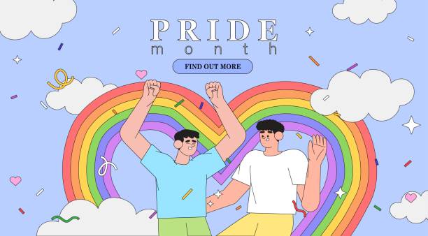 illustrazioni stock, clip art, cartoni animati e icone di tendenza di uomini che saltano felici in stile blu piatto alla moda con sfondo nuvole. il concetto di coppia gay o bisessuale celebra il mese, il giorno, la settimana dell'orgoglio. persone innamorate del cuore arcobaleno in occasione di eventi, festival o sfilate. - rainbow gay pride homosexual homosexual couple