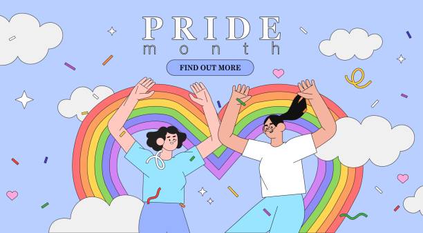 счастливые прыгающие женщины в модном плоском стиле синего цвета с облачным фоном. понятие гей или бисексуальная пара отмечают гордость ме - heart shape gay pride gay pride flag lesbian stock illustrations