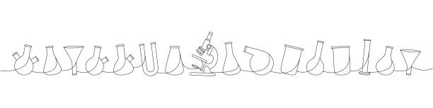 ilustraciones, imágenes clip art, dibujos animados e iconos de stock de cristalería de laboratorio de una línea de dibujo continuo. matraz cónico, vaso de precipitados de vidrio, cilindro graduado, matraz de fondo redondo, embudo filtrante, microscopio - round bottom flask