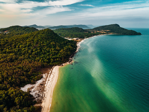 Phu Quoc Island - Bãi tắm Sao Phú Quốc South-Eastern Coast with Sao Beach - Long Beach and Bay towards the turquoise waters. Aerial Drone Point of View. Bay of Sao Beach, Bão Sao Phú Quốc, Phu Quoc Island, Kien Giang Province, Vietnam, Southeast Asia