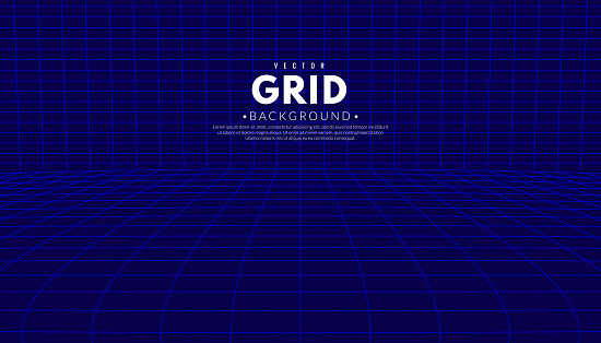 Abstract curved perspective grid on blue background. 3d wireframe room concept. Graphic vector flat design style.