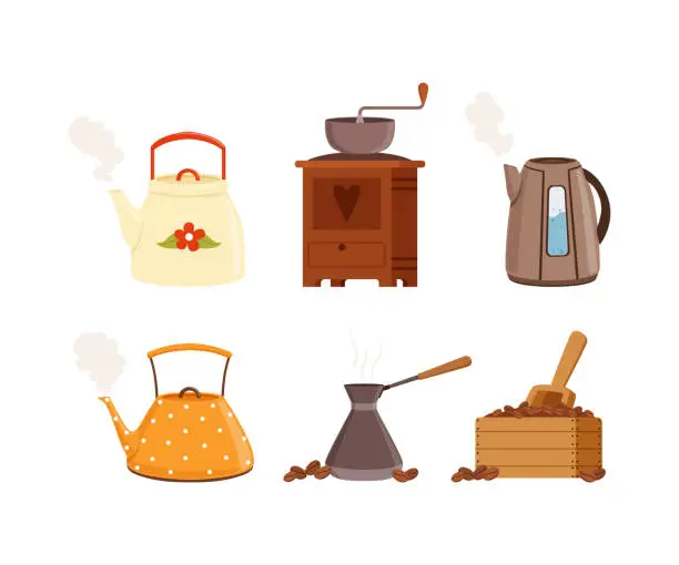 Vector illustration of Brewing Aromatic Tea and Coffee Drink with Boiling Kettle, Teapot, Grinder and Jezve Vector Set